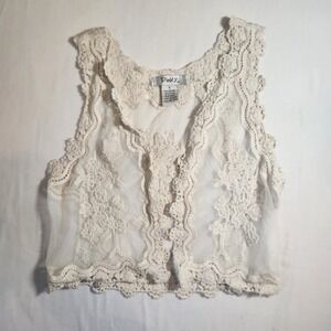Pinky Cream Lace Sheer Cropped Vest Boho Floral Crochet Trim Small